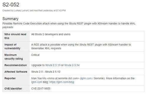 Struts2 REST插件高危远程代码执行漏洞(S2-052)