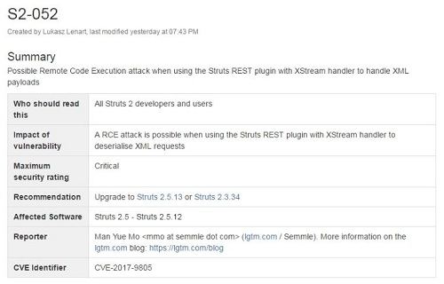 seo优化方法之：Struts2 REST插件高危远程代码执行漏洞(S2-052)